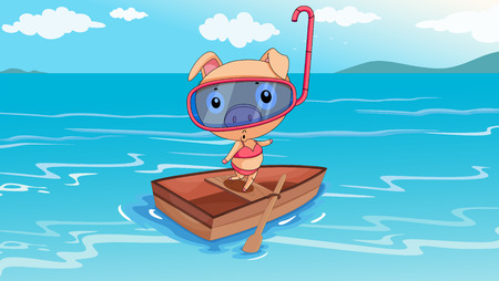 Illustration of a pig riding on a boatのイラスト素材