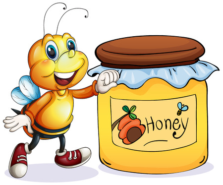 Illustration of a bee beside the jar of honey on a white backgroundのイラスト素材