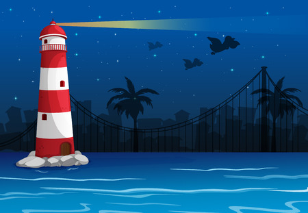 Illustration of a bright lighthouse in the middle of the seaのイラスト素材