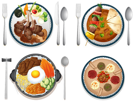 Illustration of four dishes of international foodのイラスト素材