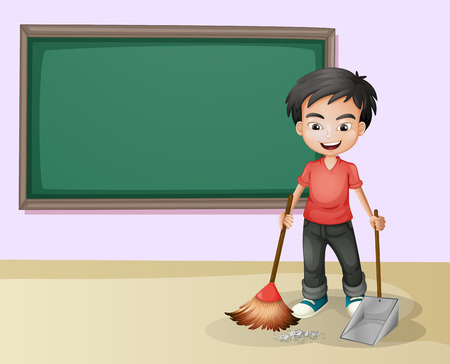 Illustration of a boy cleaning in a classroomのイラスト素材