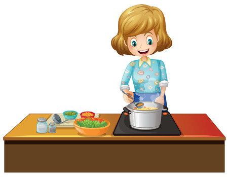 Ilustration of a woman cooking in a kitchenのイラスト素材