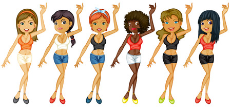 Illustration of the different girls dancing on a white backgroundのイラスト素材