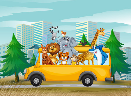 Illustration of many animals on a school busのイラスト素材