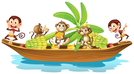 Illustration of many monkeys on a boatのイラスト素材