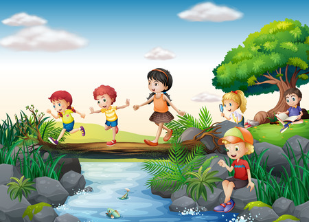 Illustration of children crossing a streamのイラスト素材