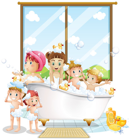 Illustration of many children taking a bathのイラスト素材