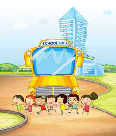 illustration of many children and a school busのイラスト素材