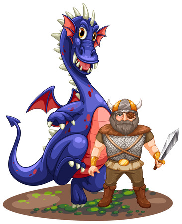 Illustration of viking and dragon on whiteのイラスト素材