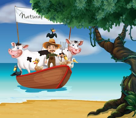 illustration of a farmer and many animals on a boatのイラスト素材