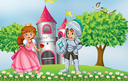 Knight and pricess scene with castleのイラスト素材
