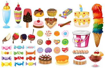 Assorted foods, sweets and desserts on whiteのイラスト素材