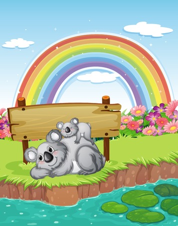 Two bears near the empty signboard with a rainbow in the skyのイラスト素材