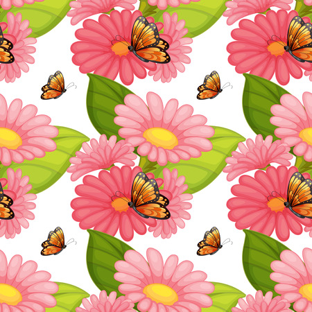 Wallpaper with design of butterflies sitting on pink flowersのイラスト素材