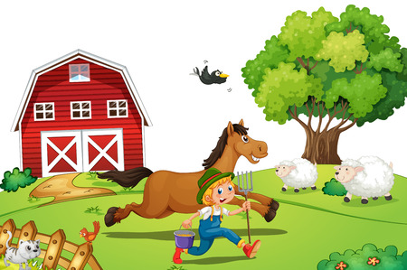 Illustration of a farmer running with a horseのイラスト素材