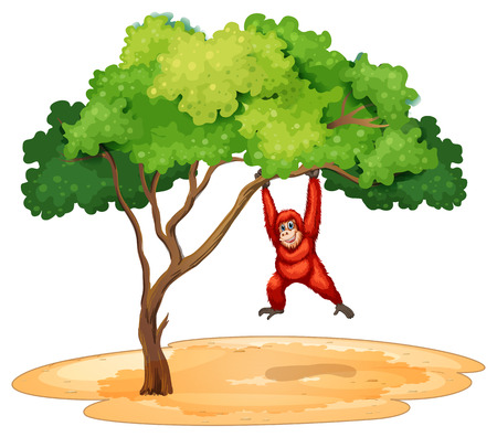 A gorilla hanging under the tree on a white backgroundのイラスト素材