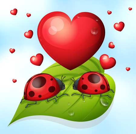 Illustration of two lay bugs on a leaf with heartsのイラスト素材