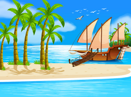 Illustration of an ocean view with a ship portingのイラスト素材