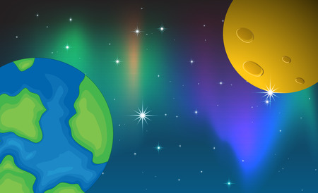 Illustration of two planets and aurora backgroundのイラスト素材