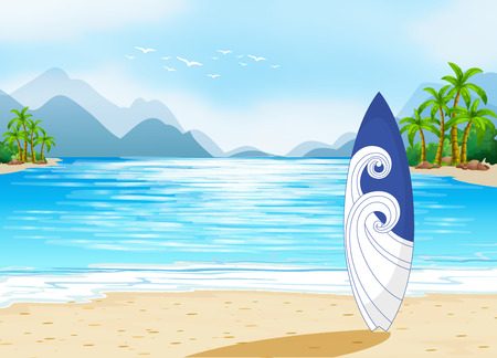 Illustration of an ocean view with a surfboardのイラスト素材