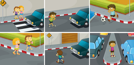 six scenes of do and don't on the roadのイラスト素材