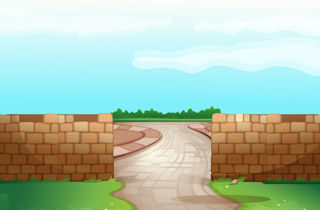 Brick wall with road run through the middleのイラスト素材