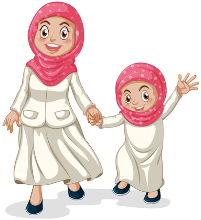 Woman and a girl muslims holding handsのイラスト素材