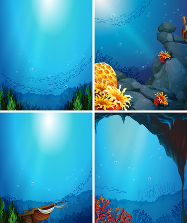 Four underwater scenes with fish and coral reefのイラスト素材
