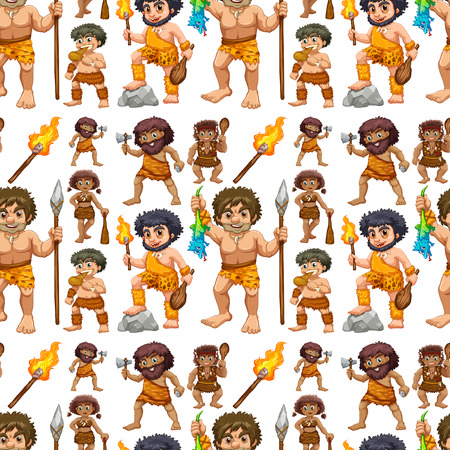 Seamless caveman in different actions with weaponsのイラスト素材
