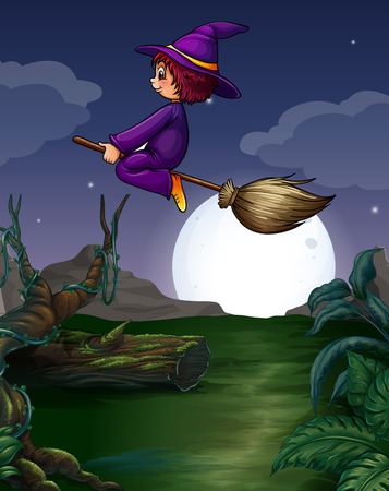 Witch riding on a broom at nightのイラスト素材