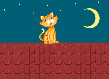 Cat sitting on the roof at nightのイラスト素材