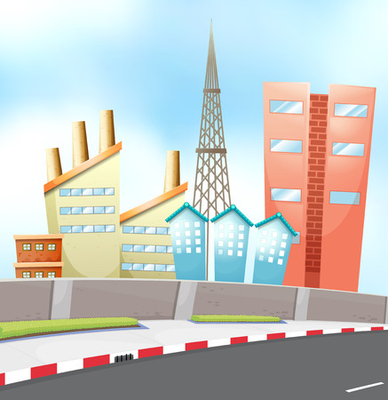View of city with many buildings by the roadのイラスト素材
