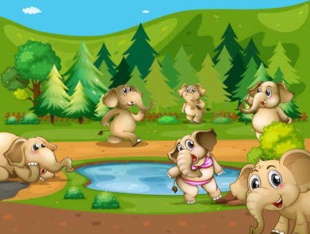 Elephants around the small pondのイラスト素材