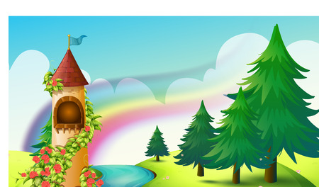 Castle by the river with rainbow backgroundのイラスト素材