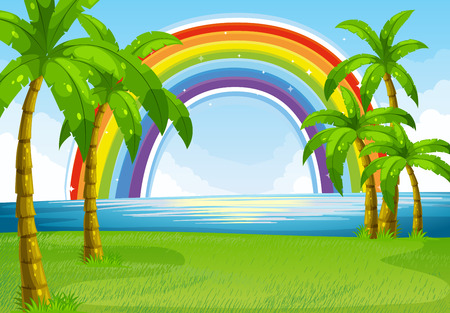 Scene of ocean with rainbow backgroundのイラスト素材