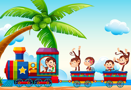 Monkeys riding train along the beachのイラスト素材