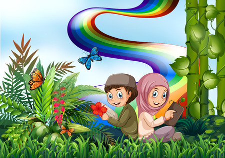 Boy and girl muslim reading in the parkのイラスト素材