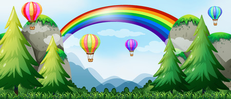 Balloons flying in the sky over mountainsのイラスト素材
