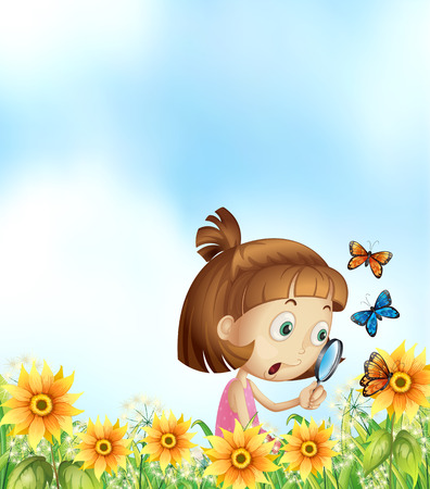 Girl looking at butterflies flying over the flowersのイラスト素材