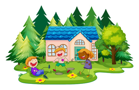 Children playing in front of the houseのイラスト素材