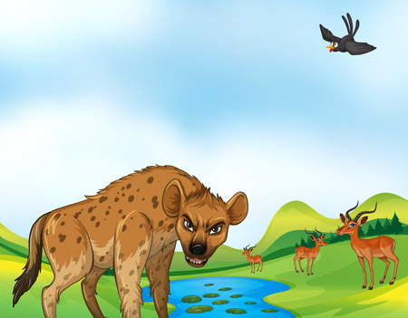 Hyena and deers around the pond at daytimeのイラスト素材