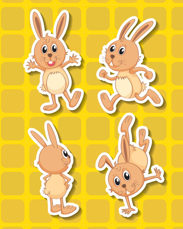 Four rabbits in different positions with yellow backgroundのイラスト素材