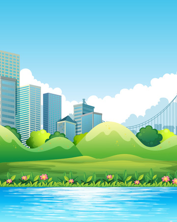 River scene with downtown in the backgroundのイラスト素材