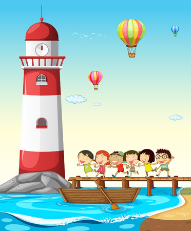 Children running on the bridgeのイラスト素材
