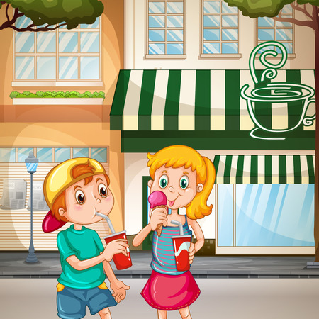 A boy and a gril enjoying drinks and ice cream on the streetのイラスト素材