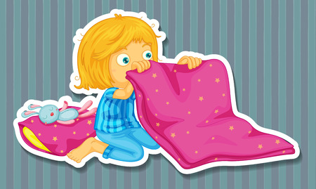 Girl in blue pajamas folding blanketのイラスト素材