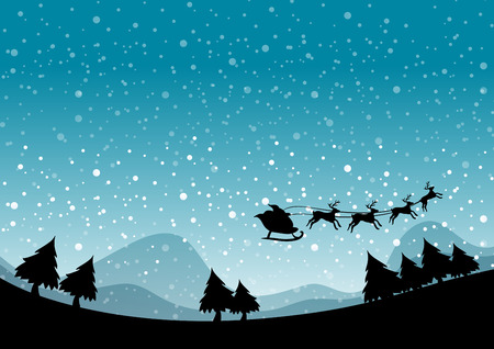 Silhouette Santa and reindeer flying on a snow nightのイラスト素材