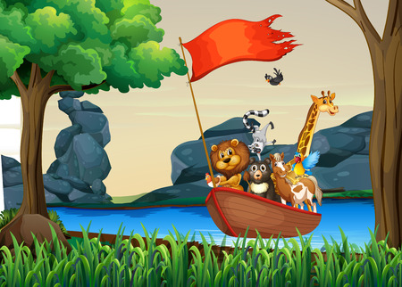 Animals in boat floating on the riverのイラスト素材