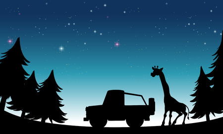 Silhouette vehicle and giraffe at night timeのイラスト素材