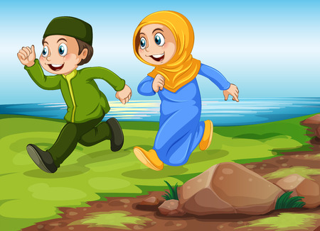 Man and woman muslims running in the parkのイラスト素材